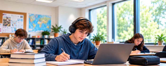 Student wearing headphones using a laptop and taking notes in a classroom, illustrating assistive technology for learning.