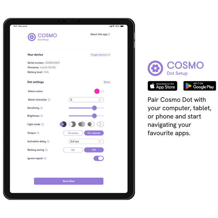Cosmo Dot Setup app for configuring wireless Cosmo switches on a tablet