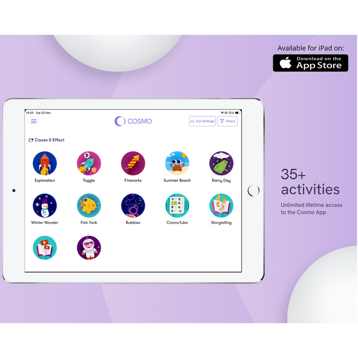Cosmo Learning System app showing educational activities on iPad