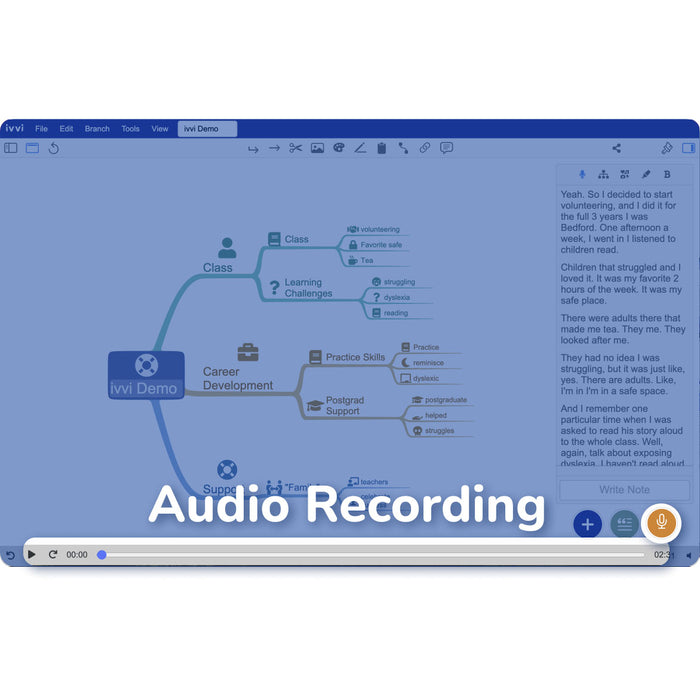 ivvi Notes audio recording alongside visual mind map and transcript