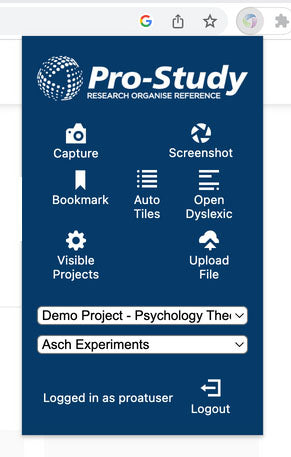 Pro-Study browser extension showing capture, screenshot, bookmark and file tools