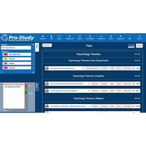 Pro-Study research organization software showing project files and categories