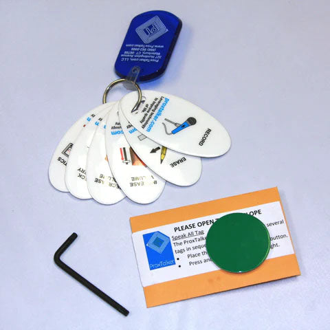 ProxTalker maintenance tool bag with star wrench, Speak All button, and programming sound tags