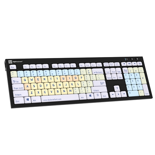 Dyslexia Keyboard for Windows angled view with color-coded keys and Dyslexie font