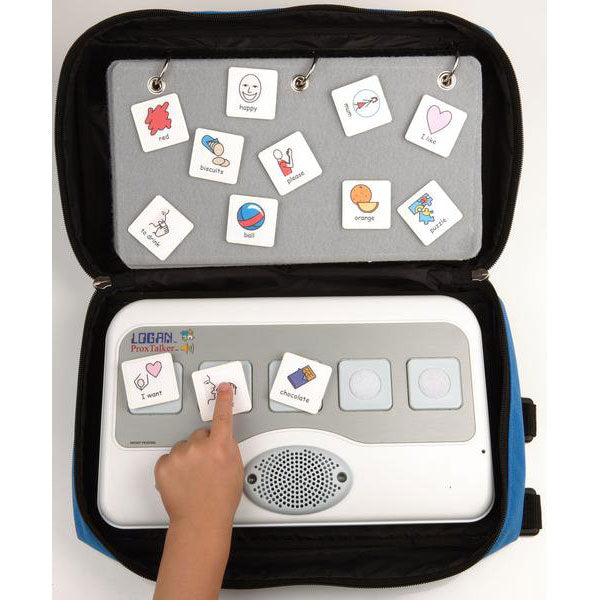 ProxTalker AAC device in carrying case with picture communication tags