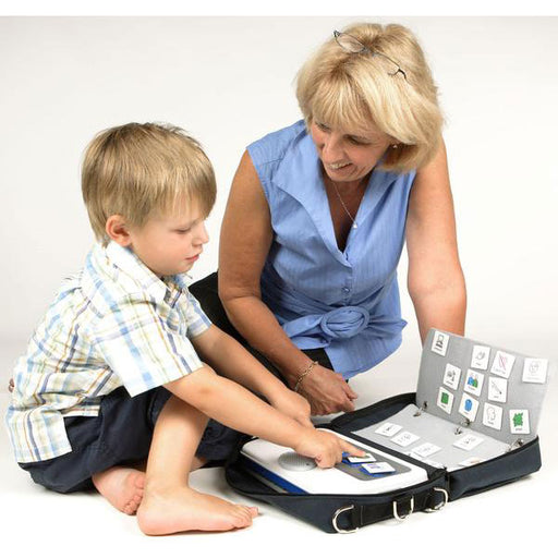 Child using ProxTalker portable AAC device with an adult