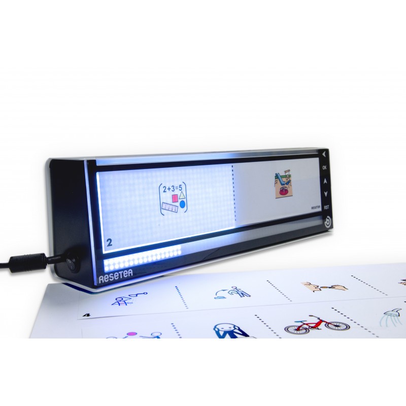 Side view of the visual schedule device showing two illuminated task icons and printed task cards placed nearby.