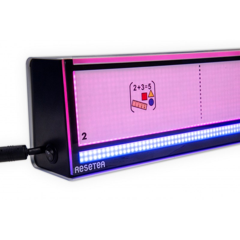 Angled view of the device with one task card illuminated and the Resetea logo visible at the bottom.