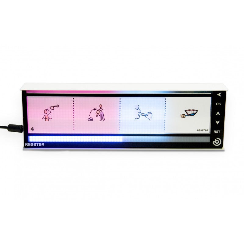 Electronic visual schedule device with four slots, each displaying simple stick-figure icons for daily tasks.
